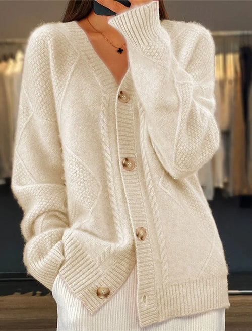 autumn and winter new solid color long sleeved V-neck knitted cardigan with breasted jacquard women's sweater