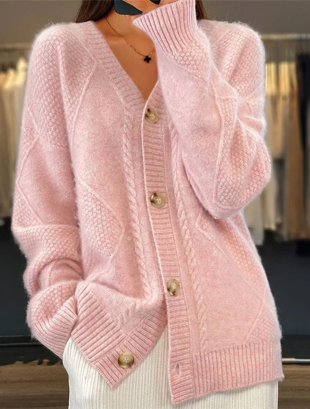 autumn and winter new solid color long sleeved V-neck knitted cardigan with breasted jacquard women's sweater