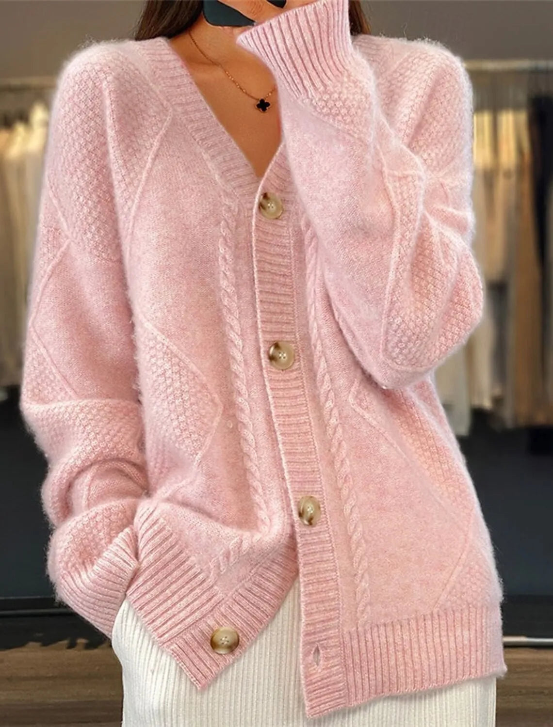 autumn and winter new solid color long sleeved V-neck knitted cardigan with breasted jacquard women's sweater