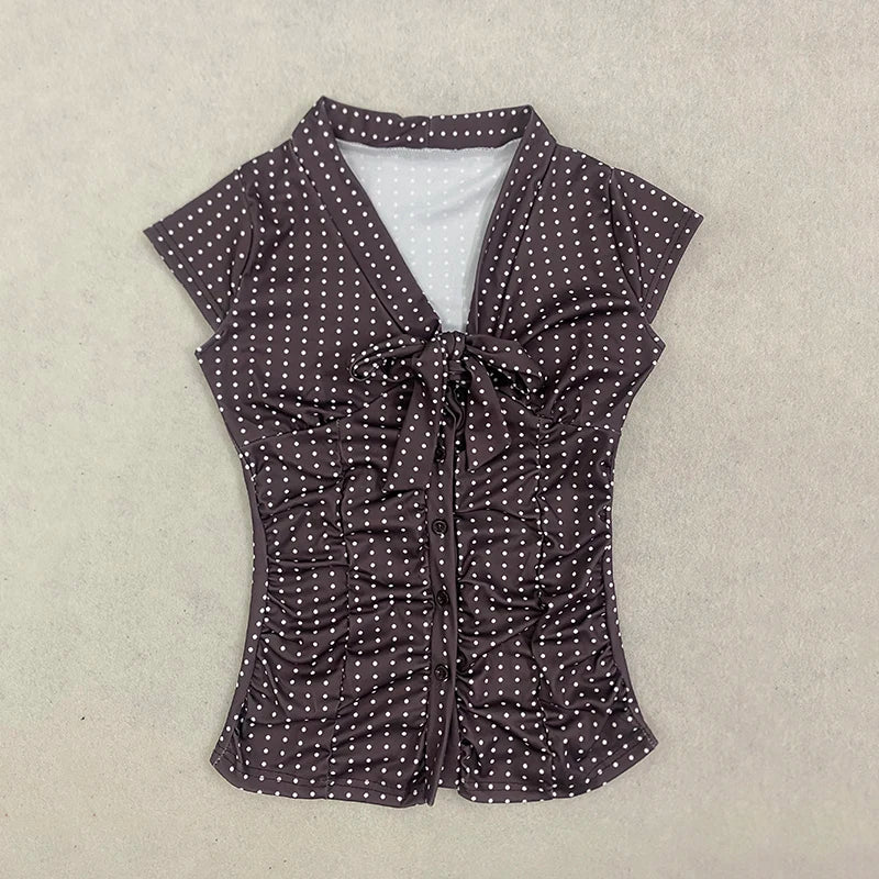 Summer Y2K Women's Polka Dot Satin Blouse Brown Bow Tie V-Neck Puff Sleeve Ruched Slim Fit Elegant Vintage Top