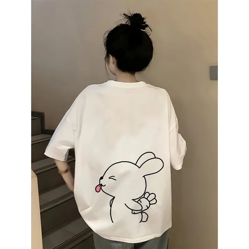 Ladies' Loose Korean Japanese Style T-shirt Cute Anime Bunny with Japanese Printed Round Neck Short Sleeved Casual Women's Top