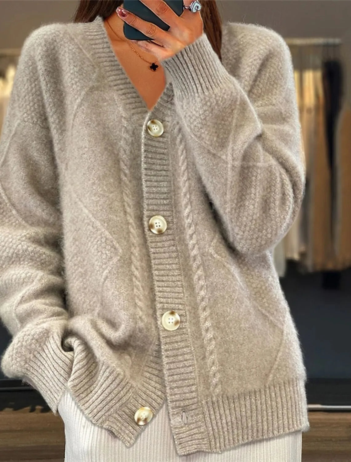 autumn and winter new solid color long sleeved V-neck knitted cardigan with breasted jacquard women's sweater