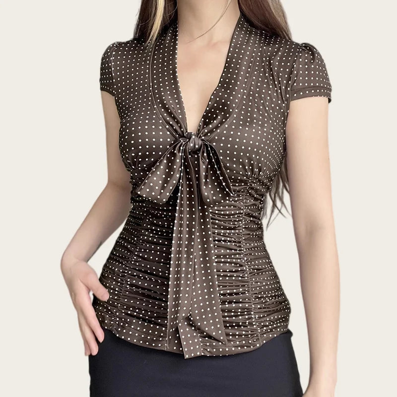 Summer Y2K Women's Polka Dot Satin Blouse Brown Bow Tie V-Neck Puff Sleeve Ruched Slim Fit Elegant Vintage Top