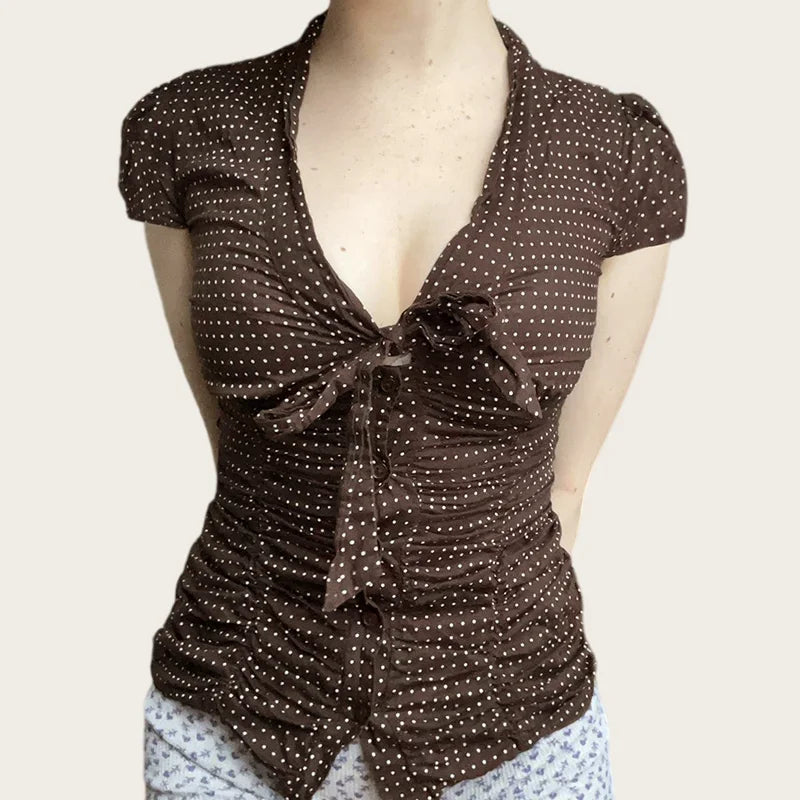 Summer Y2K Women's Polka Dot Satin Blouse Brown Bow Tie V-Neck Puff Sleeve Ruched Slim Fit Elegant Vintage Top