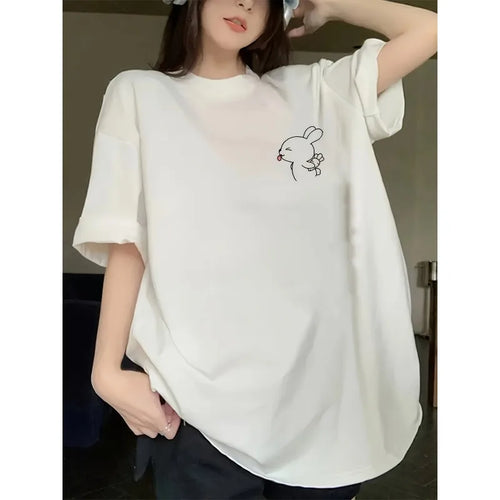 Ladies' Loose Korean Japanese Style T-shirt Cute Anime Bunny with Japanese Printed Round Neck Short Sleeved Casual Women's Top